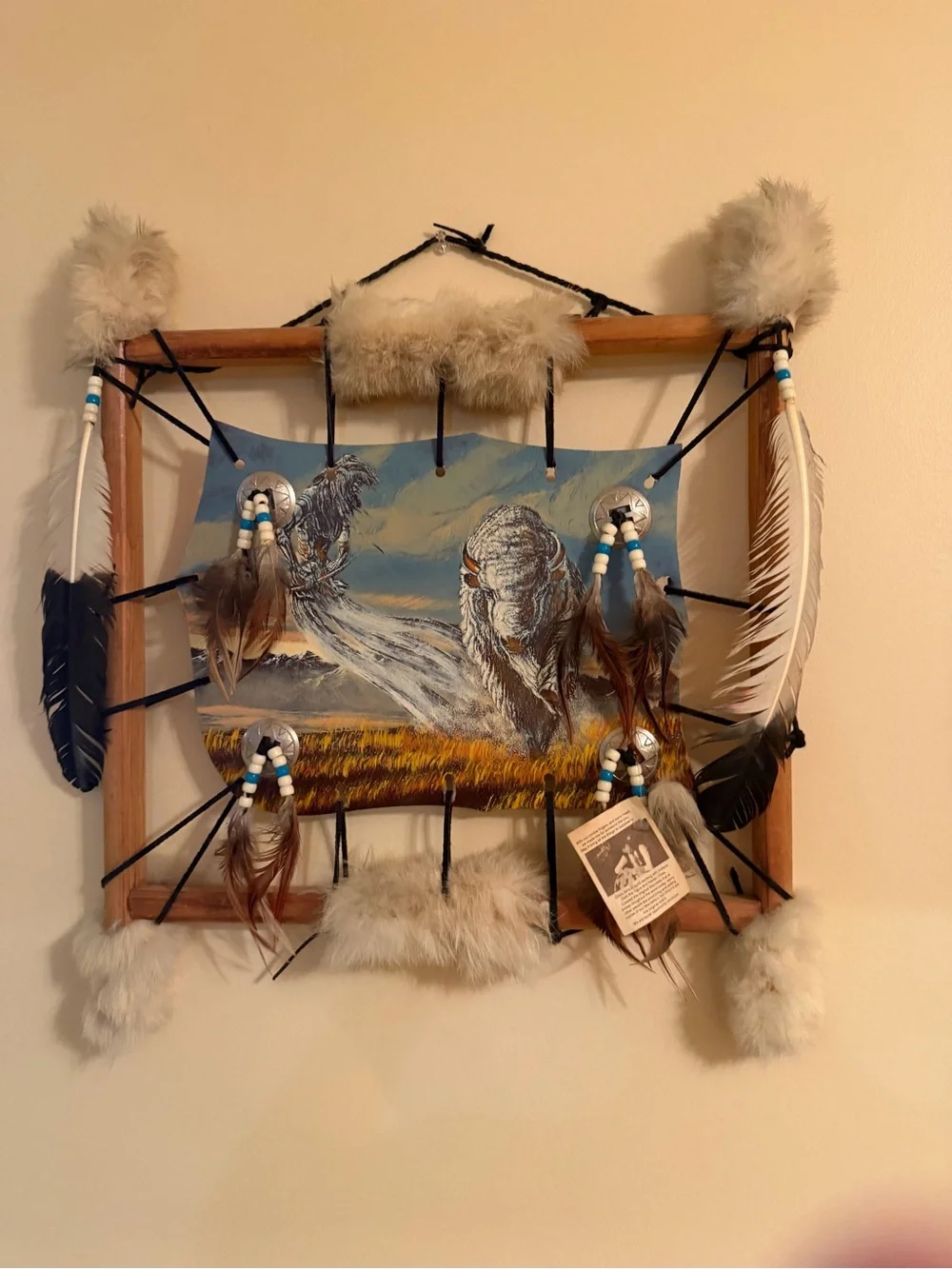 Handmade Feathers & Fur Wall Tapestry in Blue and Tan
